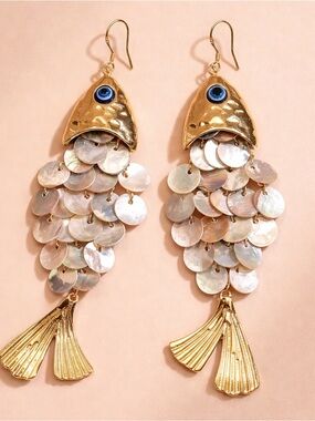 Anthropologie Gold & Iridescent Shell Fish Dangle Earrings